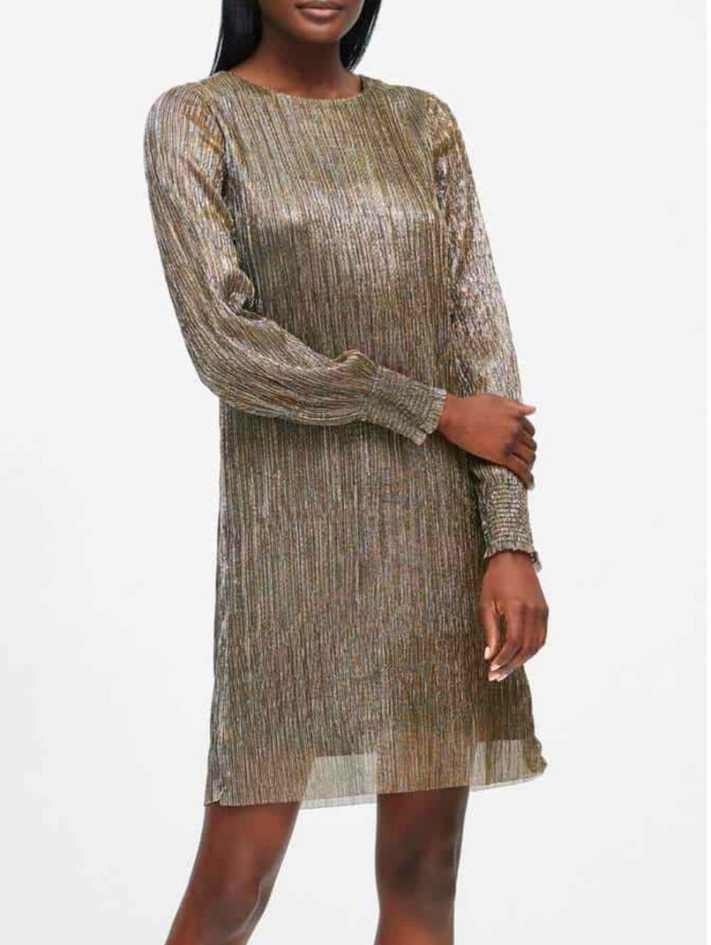 Banana Republic Metallic Boatneck Pleated Shift Dress Sz 8 Gold Shimmer Holiday